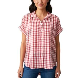 NEW NWT Ann Taylor LOFT Sz LARGE Dark Coral Checkered Plaid Button Down Shirt